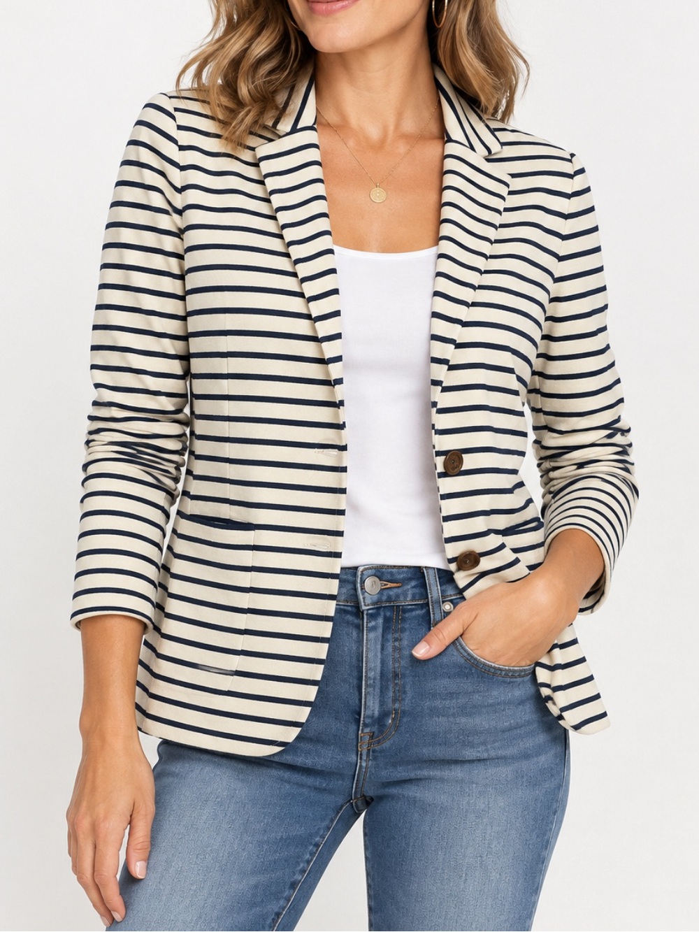 J.Crew Womens Medium Navy Cream Striped Cotton Knit Blazer Jacket Nautical
